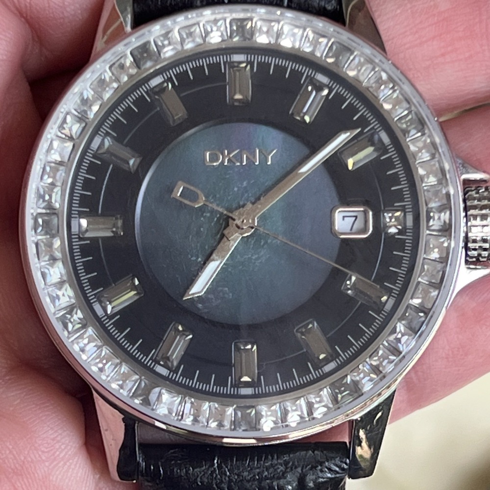 DKNY Womens Watch Oversized 38mm Mother of Pearl Crystal Bezel Date Leather